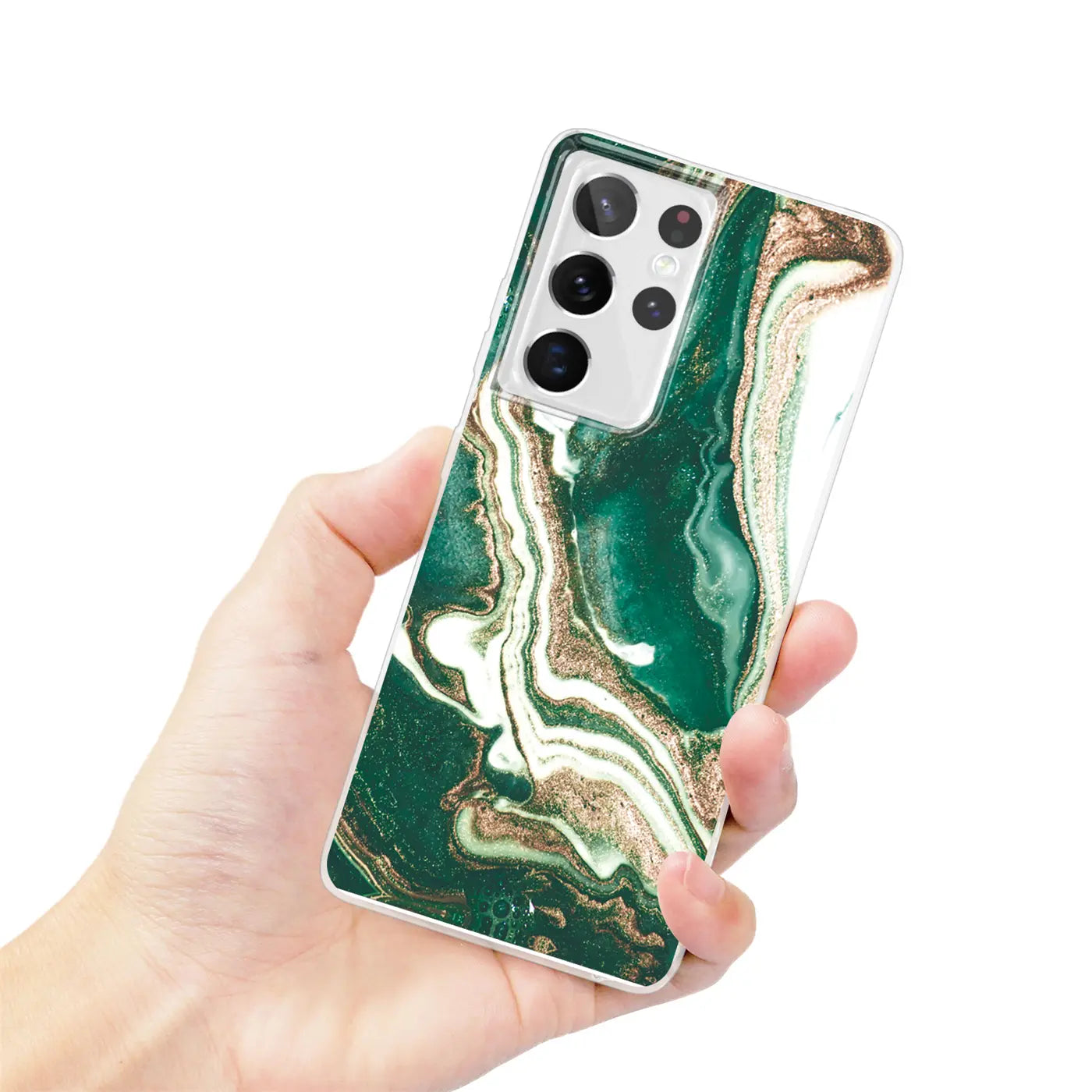 Samsung Galaxy S21 Ultra Hülle, Marmor-Design, Grün/Gold, von vorne gehalten