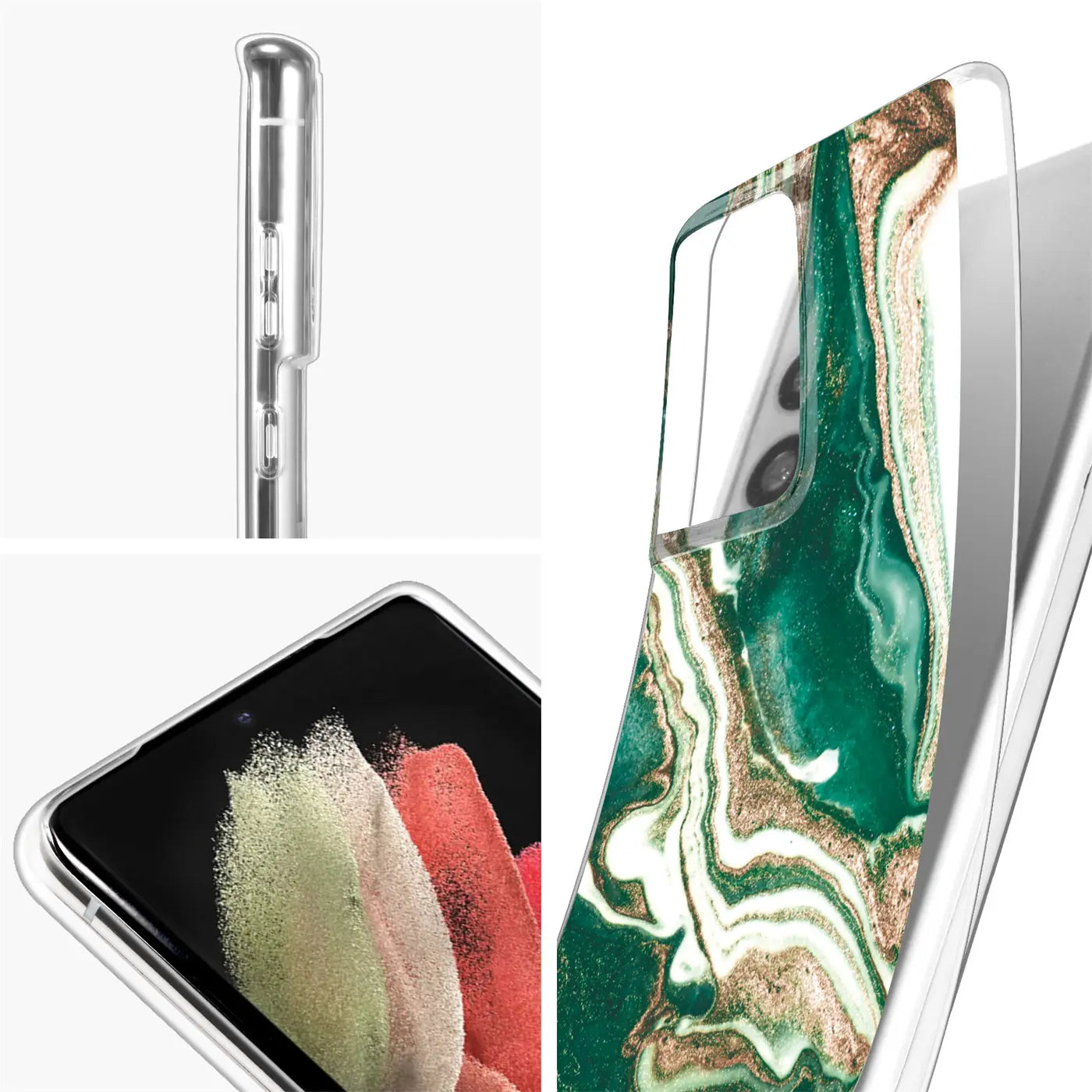 Samsung S21 Ultra Hülle, Marmor-Design, grün/gold, transparent, Nahaufnahme
