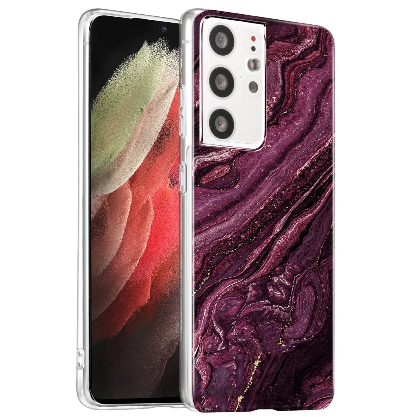 Samsung S21 Ultra Hülle, lila Marmor-Design, von vorne/seitlich, transparentes Material