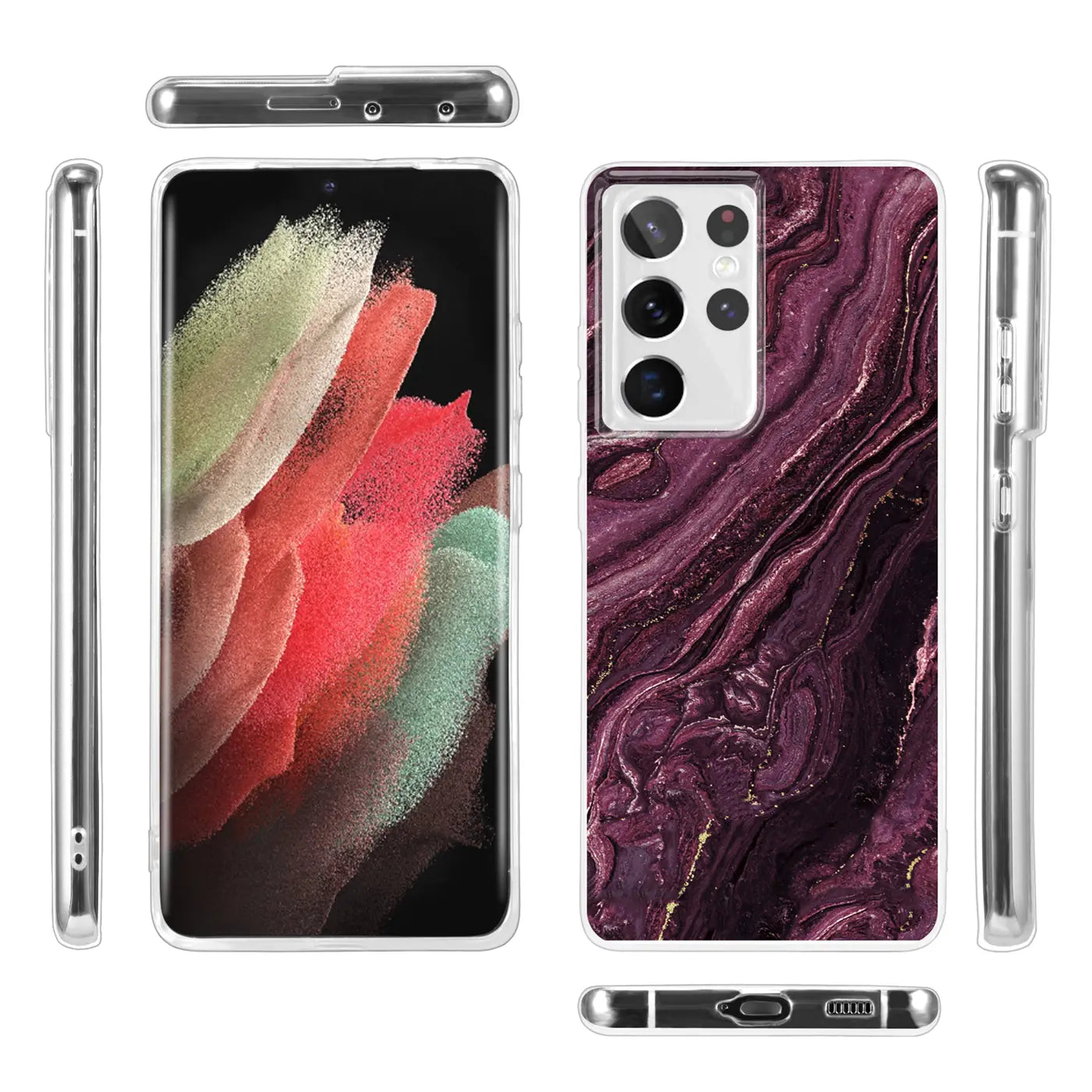 Samsung S21 Ultra Hülle, lila Marmor-Design, klare Seiten, Vorder- und Rückansicht
