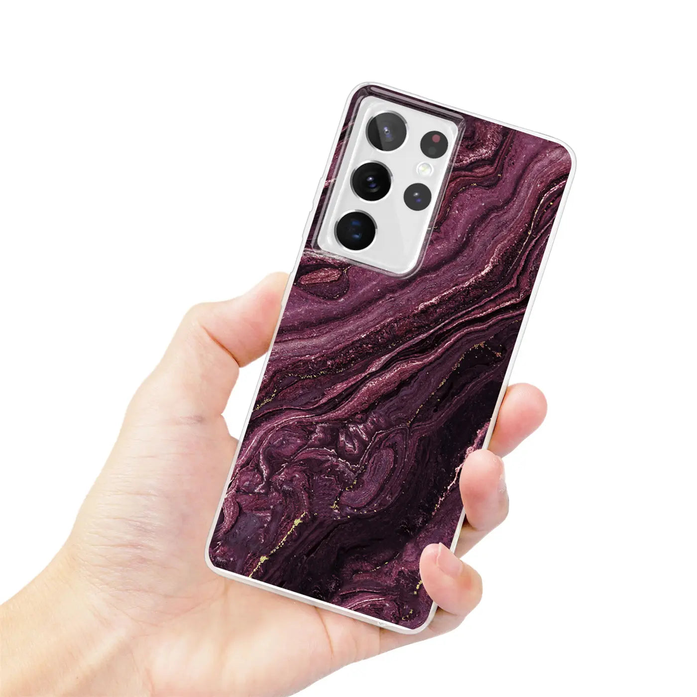 Samsung Galaxy S21 Ultra Hülle, lila Marmor-Design, von vorne gehalten
