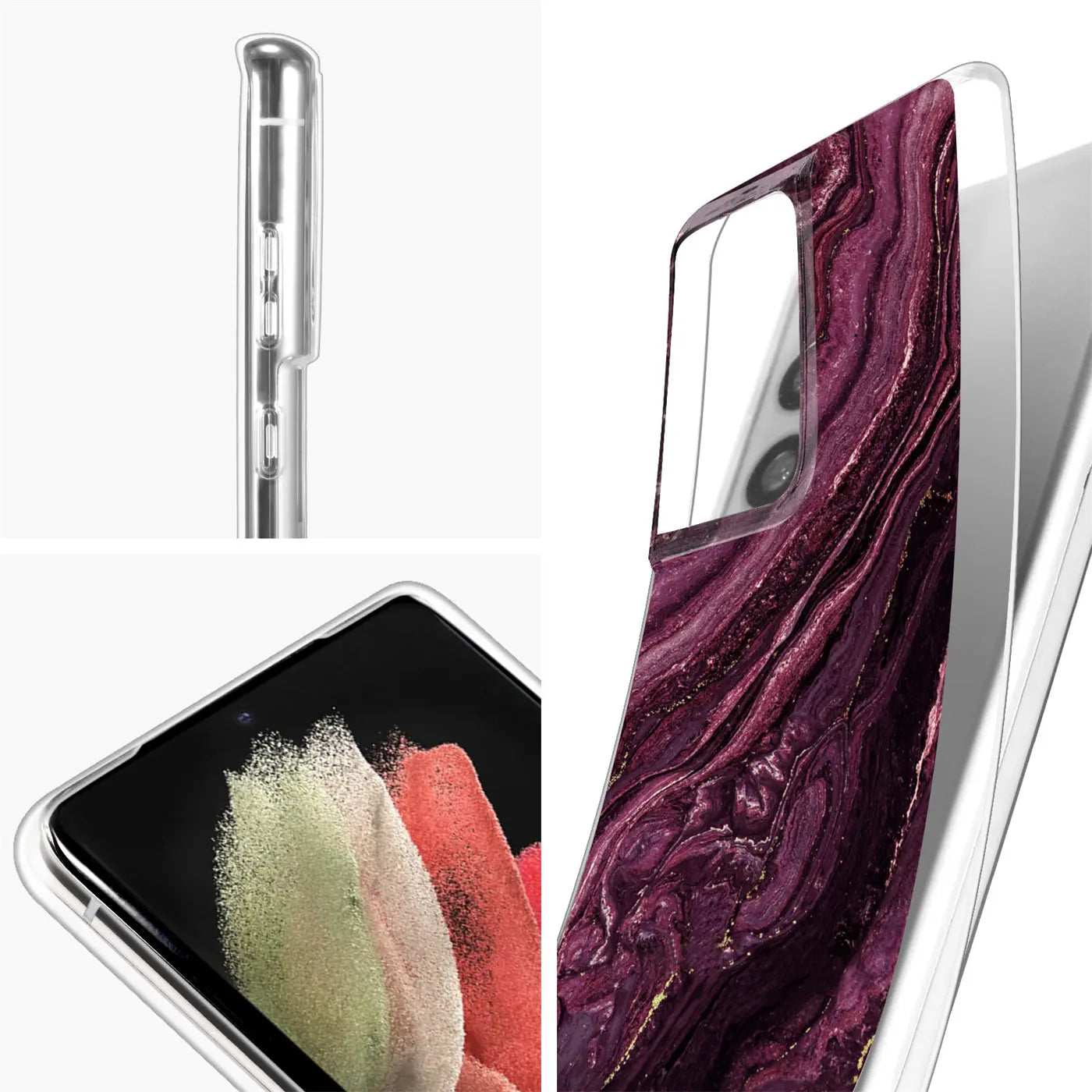 Samsung S21 Ultra Hülle, Marmor-Design, transparent, Nahaufnahme.