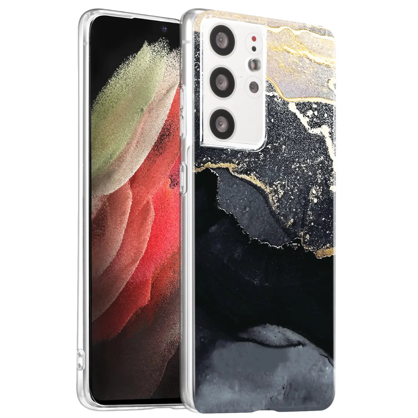 Samsung Galaxy S21 Ultra Hülle, Marmor-Design, transparent, von vorne links