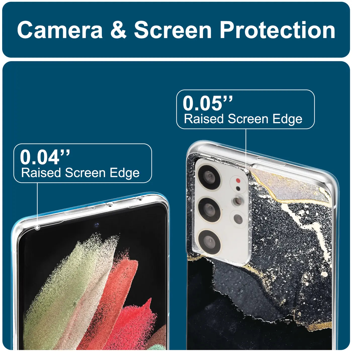 Samsung S21 Ultra Hülle, Marmor/Sand-Design, transparent, Nahaufnahme Rückseite/Display