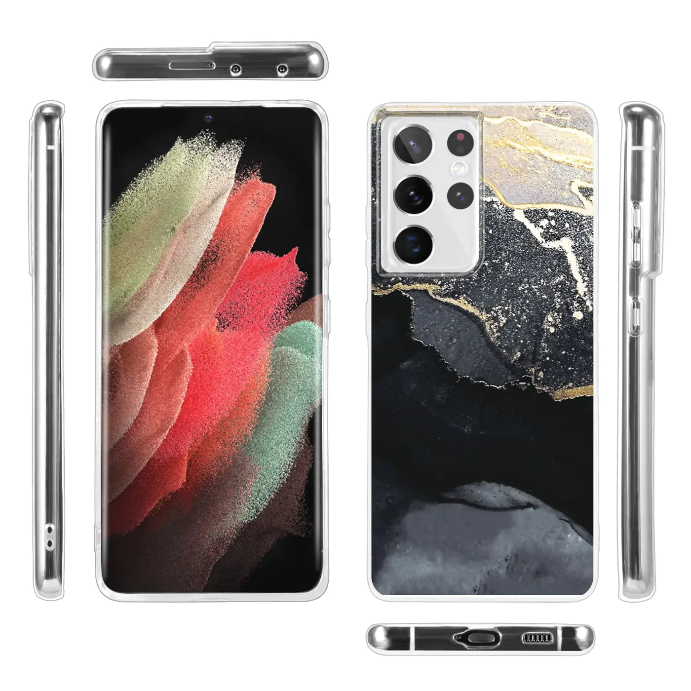 Samsung S21 Ultra Hülle, Marmor-Design, Schwarz/Gold, klare Seiten, Vorder- und Rückansicht.