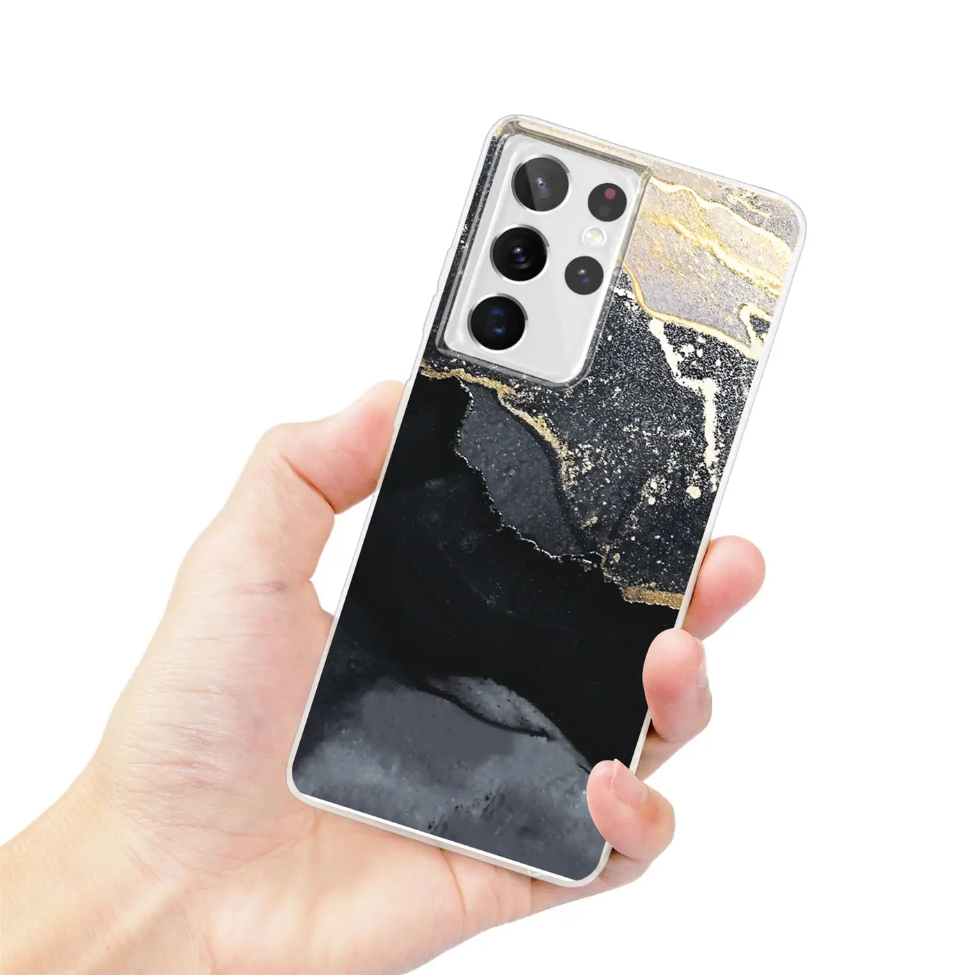 Samsung S21 Ultra Hülle, Marmor-Design, Schwarz/Gold, von vorne/leicht schräg gehalten.