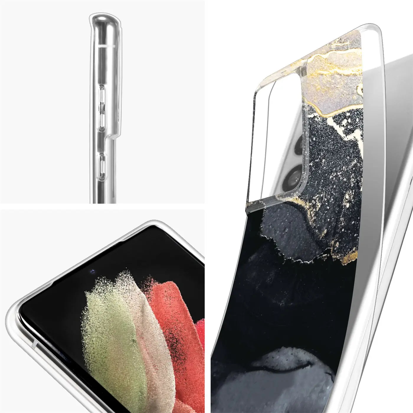 Samsung S21 Ultra Hülle, transparent, Marmor-Design, Nahaufnahme, Seitenansicht