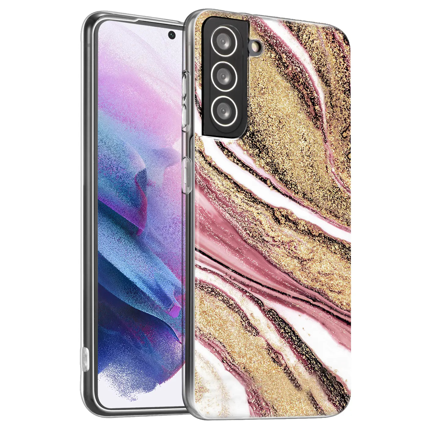 Samsung S22 Hülle mit Marmor- & Sanddesign, rosa/gold, von vorne schräg