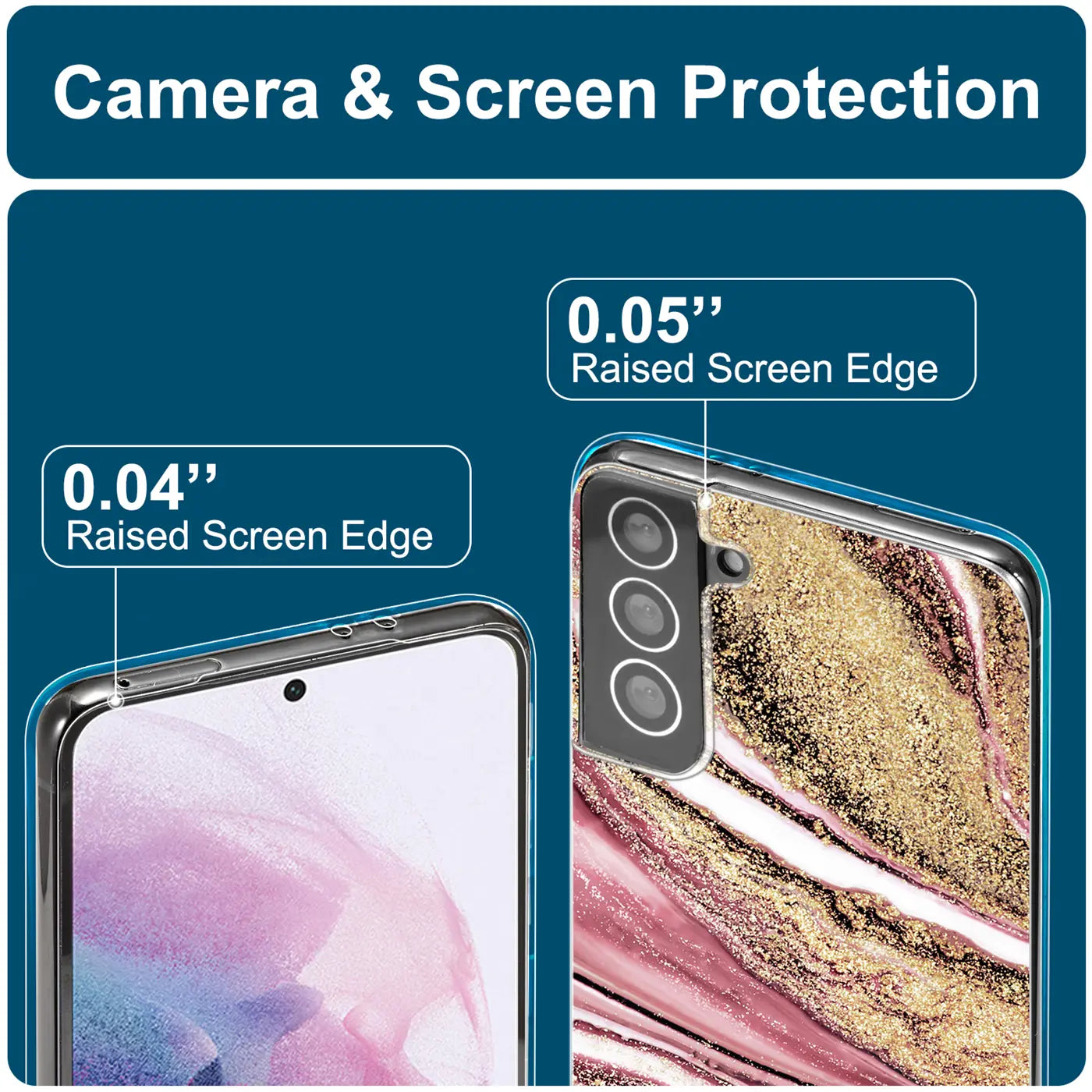 Samsung S22 Hülle, Marmor-Design, Nahaufnahme, Vorder- und Rückansicht.