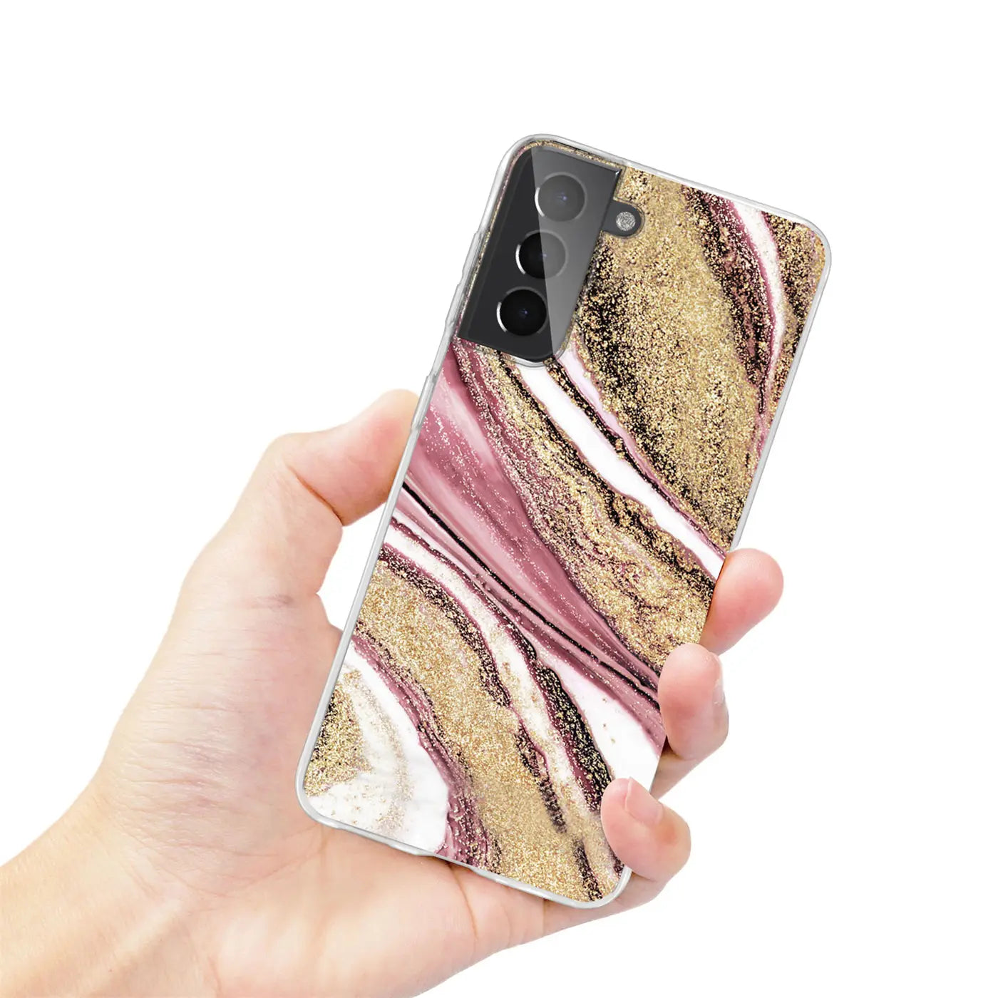 Samsung S22 Hülle, Marmor-Sand-Design, pink/gold, von vorne schräg gehalten.