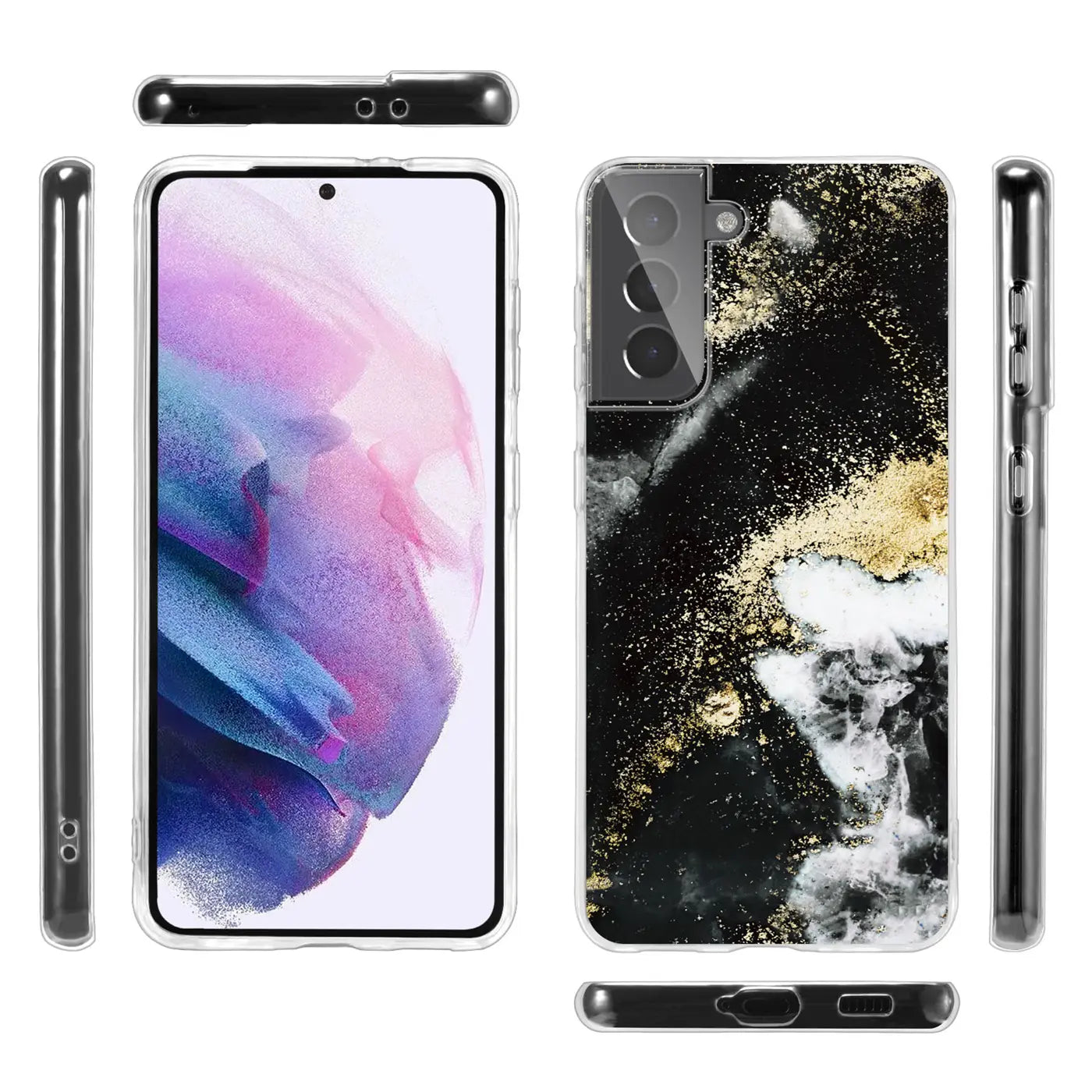 Samsung S22 Plus Hülle, schwarz/gold Marmor, von vorne, Seite, Rückseite, oben, unten