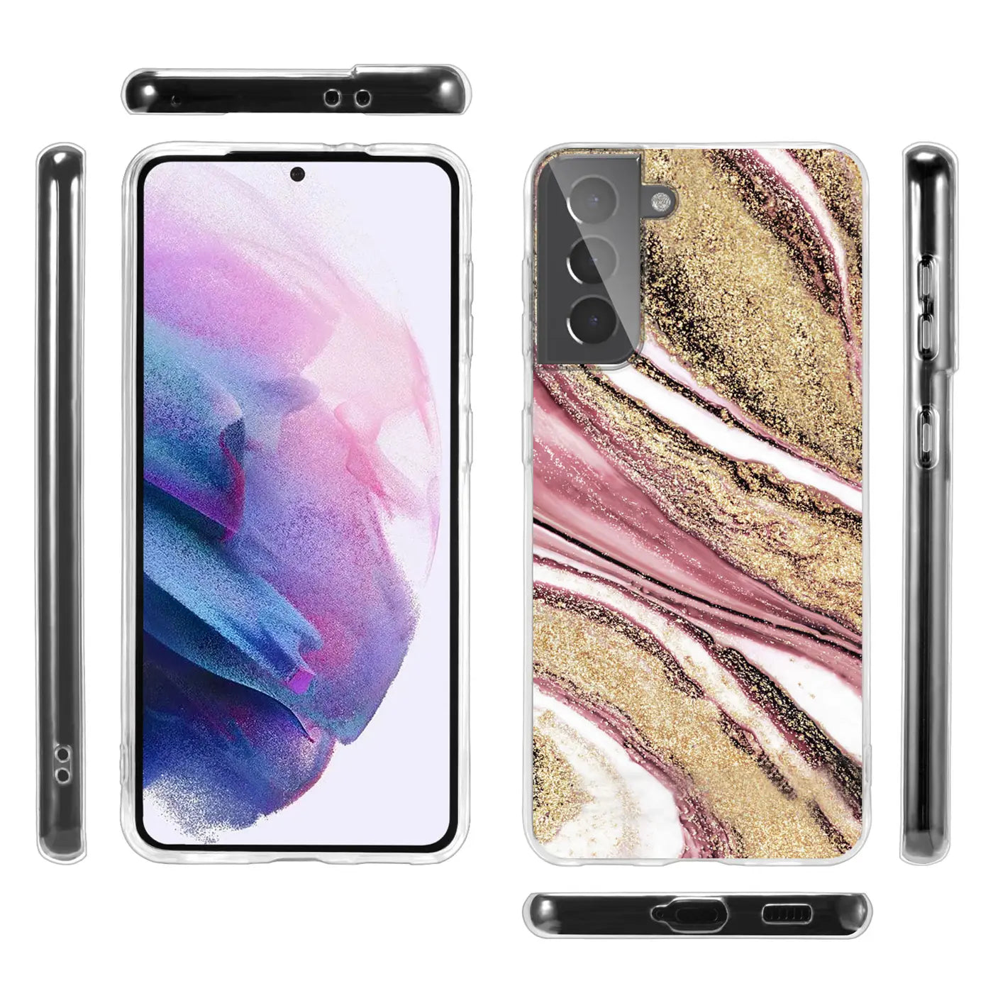 Samsung S22 Plus Hülle, Marmor-Muster, Rosa/Gold, von vorne und Seite gezeigt