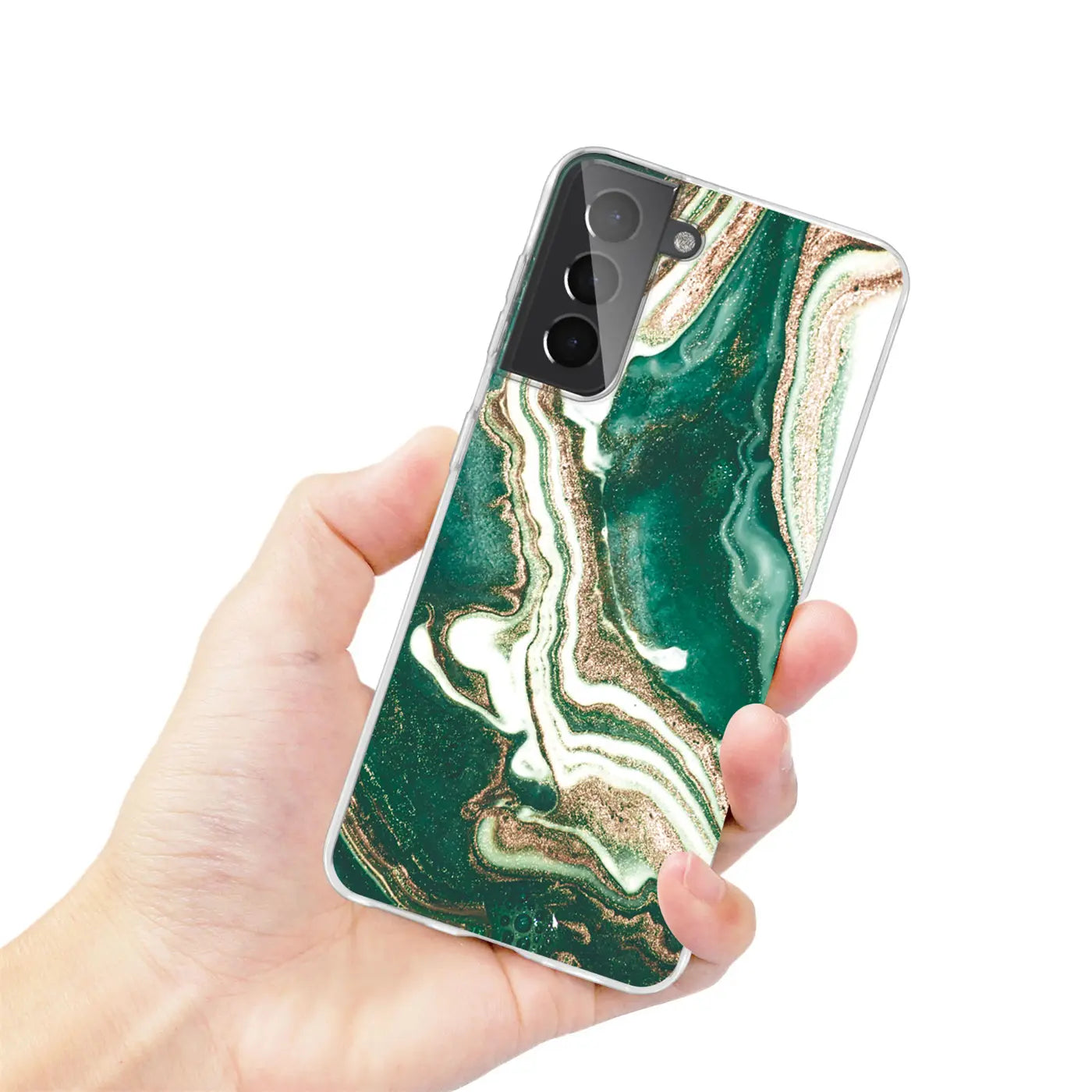 Samsung Galaxy S22 Plus Hülle mit grünem Marmor- und Sanddesign, von vorne gehalten.