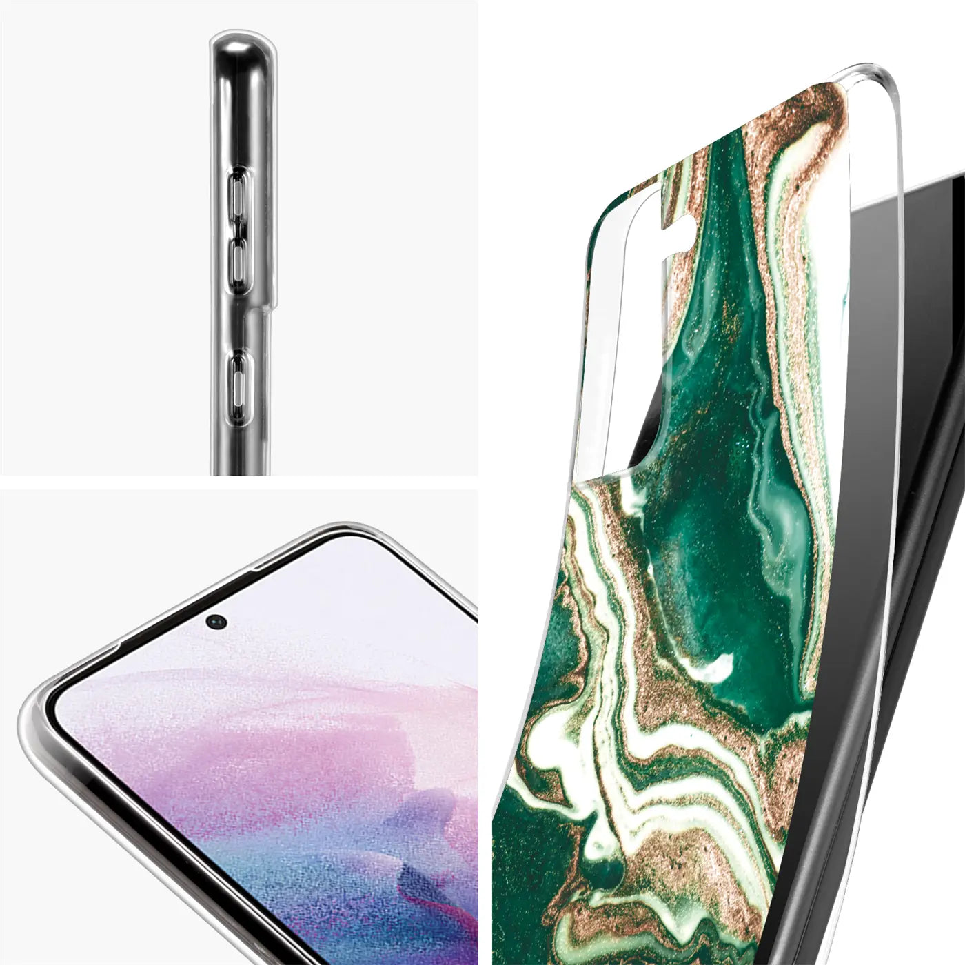 Samsung S22 Plus Hülle, Marmor-Design, grün/gold, transparent, Seitenansicht.