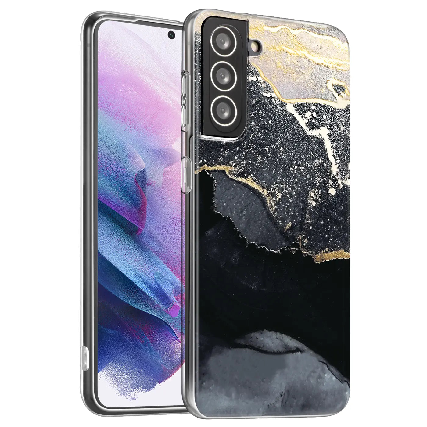 Samsung S22 Plus Hülle, Marmor-Design, schwarz/gold, transparente Seiten, von vorne