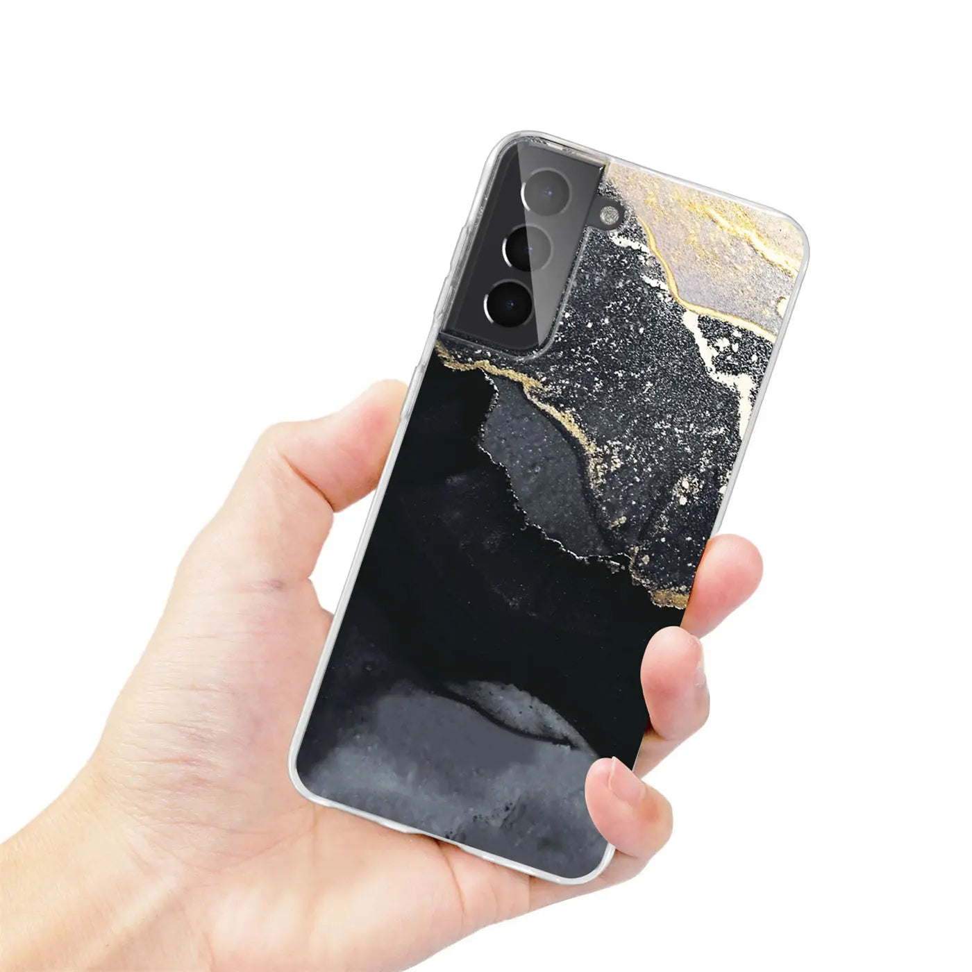 Samsung S22 Plus Hülle, Marmor-Design, Schwarz/Gold, von vorne, von Hand gehalten