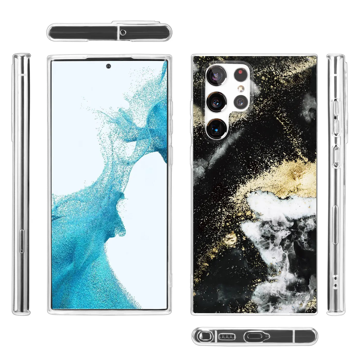 Samsung S22 Ultra Hülle, Marmor/Sand-Design, Schwarz/Gold, klare Seiten, verschiedene Ansichten