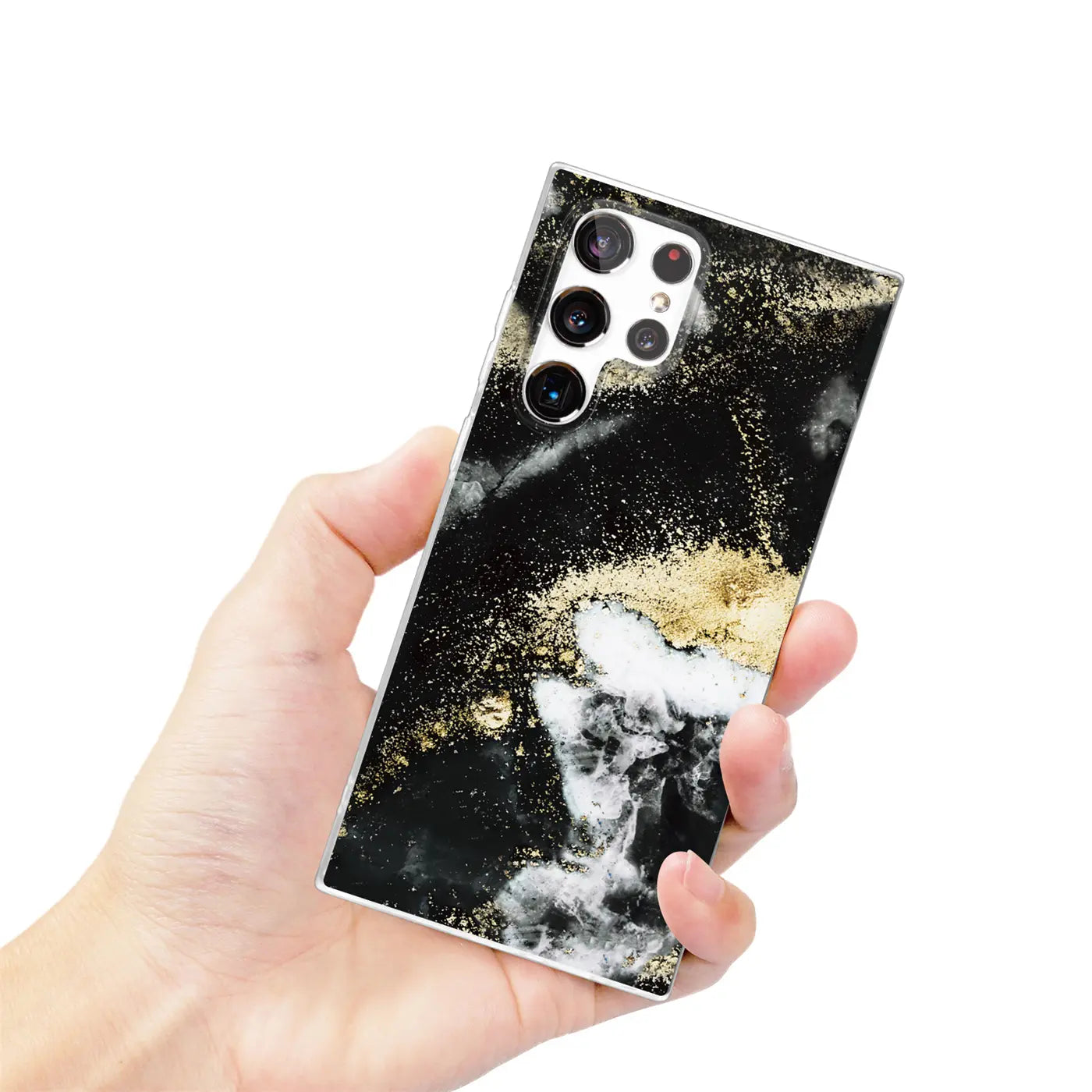 Samsung Galaxy S22 Ultra Hülle, Marmor & Gold Design, von vorne gehalten