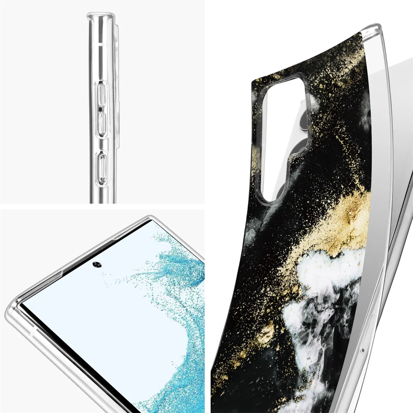 Samsung S22 Ultra Hülle, schwarz/weiß/gold Marmor-Design, von der Seite und von oben