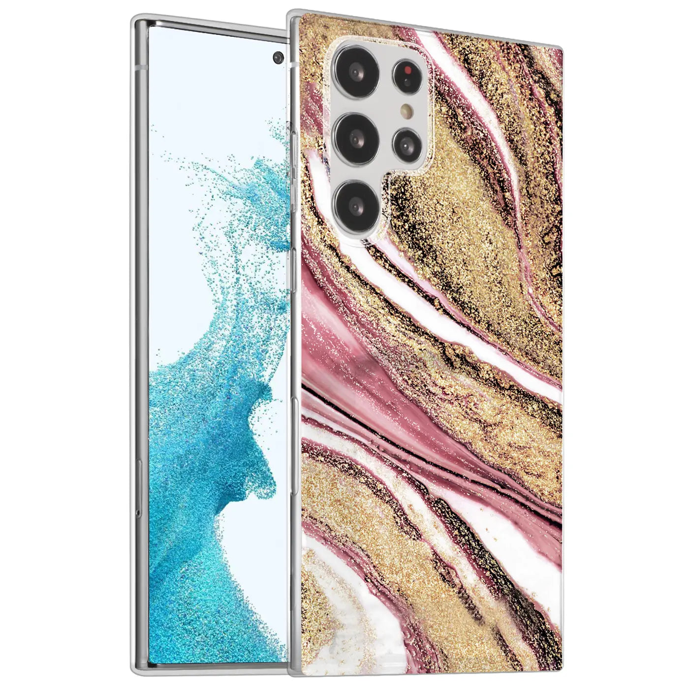 Samsung S22 Ultra Hülle, Marmor-Muster, Pink/Gold, Kunststoff, Seitenansicht