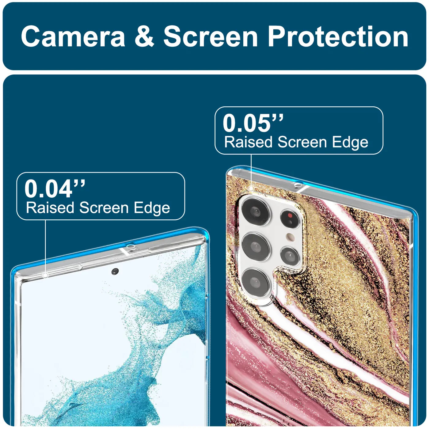 Samsung S22 Ultra Hülle, Marmor-Design, Nahaufnahme der Rückseite, blaue Kante