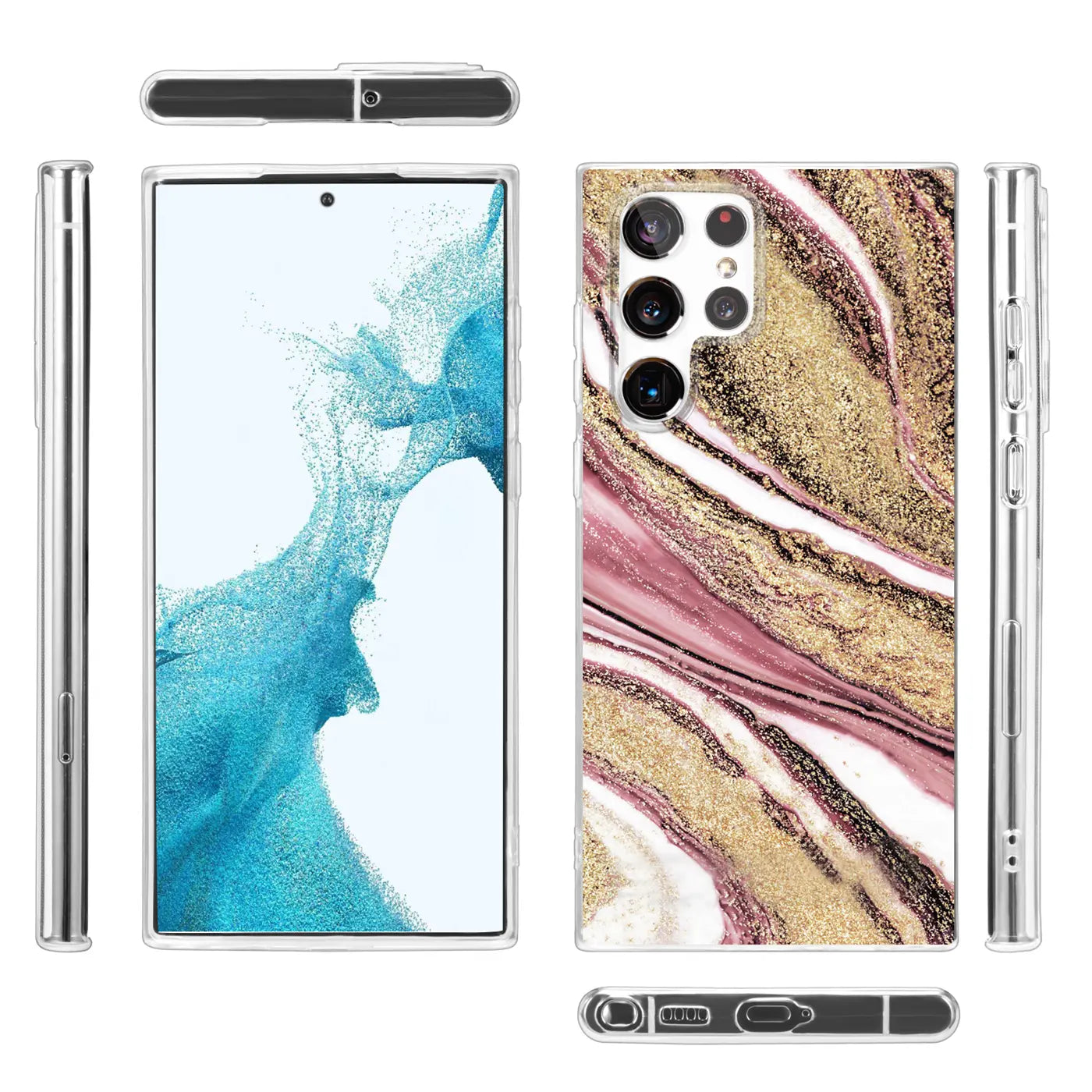 Samsung S22 Ultra Hülle, Marmor-Muster, Rosa/Gold, klare Seiten, Rückansicht