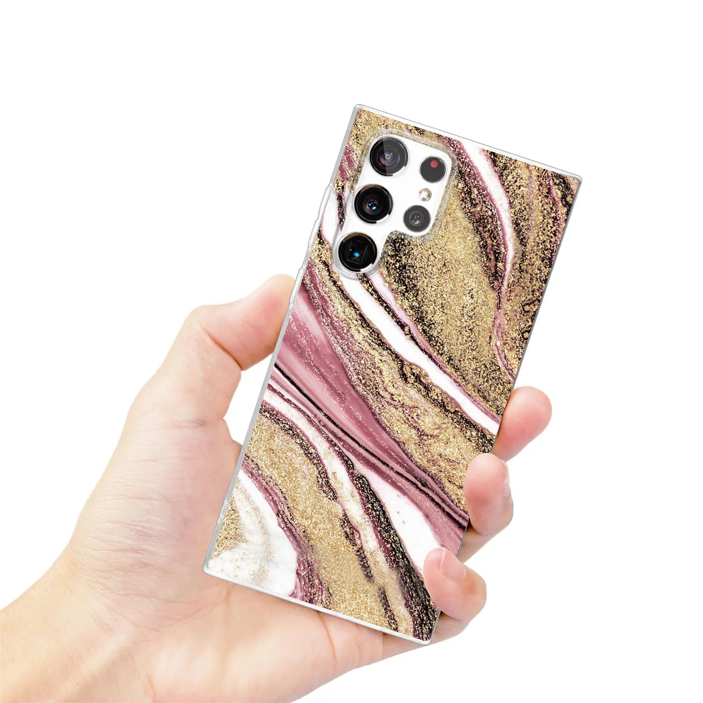 Samsung S22 Ultra Hülle mit Marmor-Design in Rosa, Gold und Weiß, von vorne gehalten.