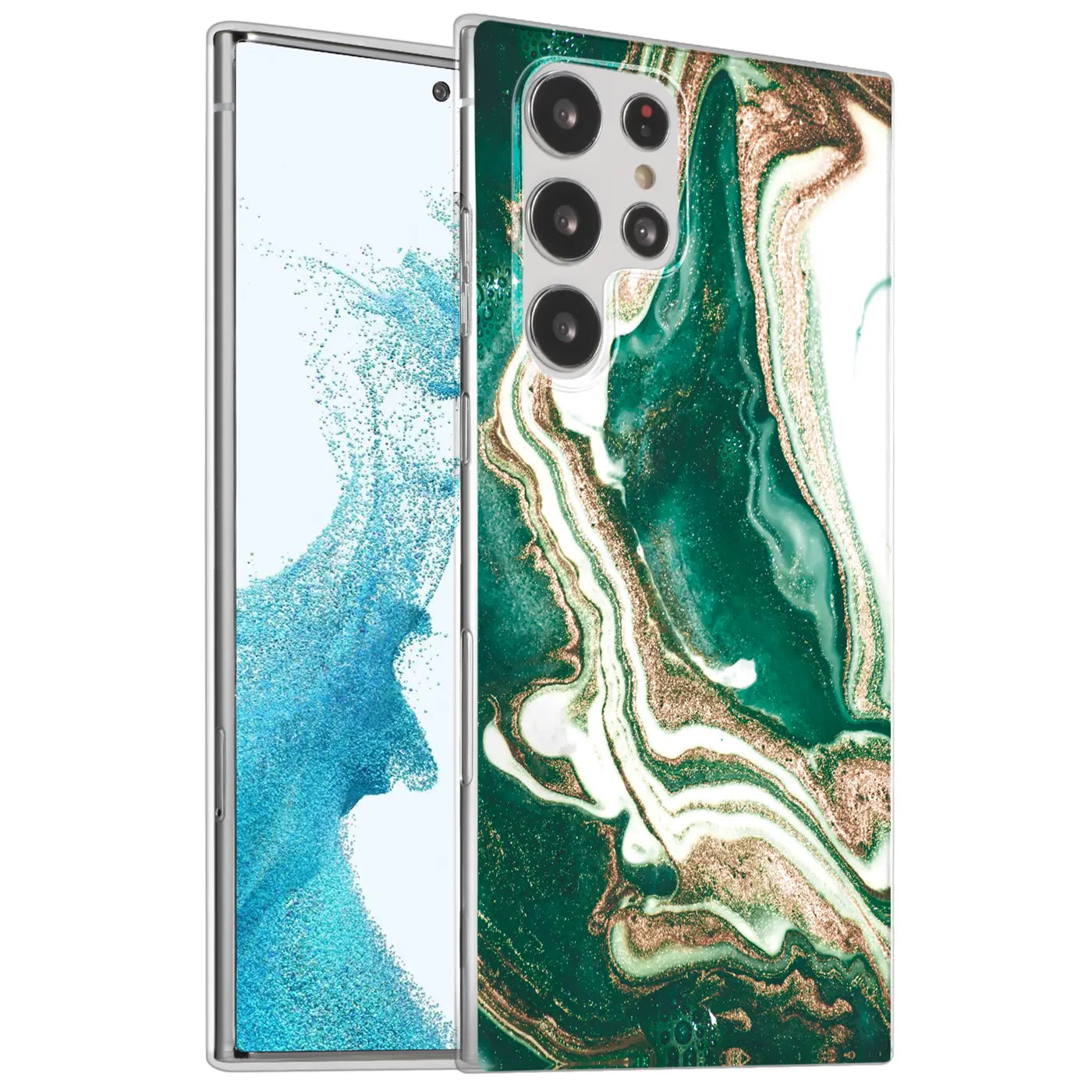 Samsung S22 Ultra Hülle, Marmor-Design, grün/gold, von vorne, klare Rückseite