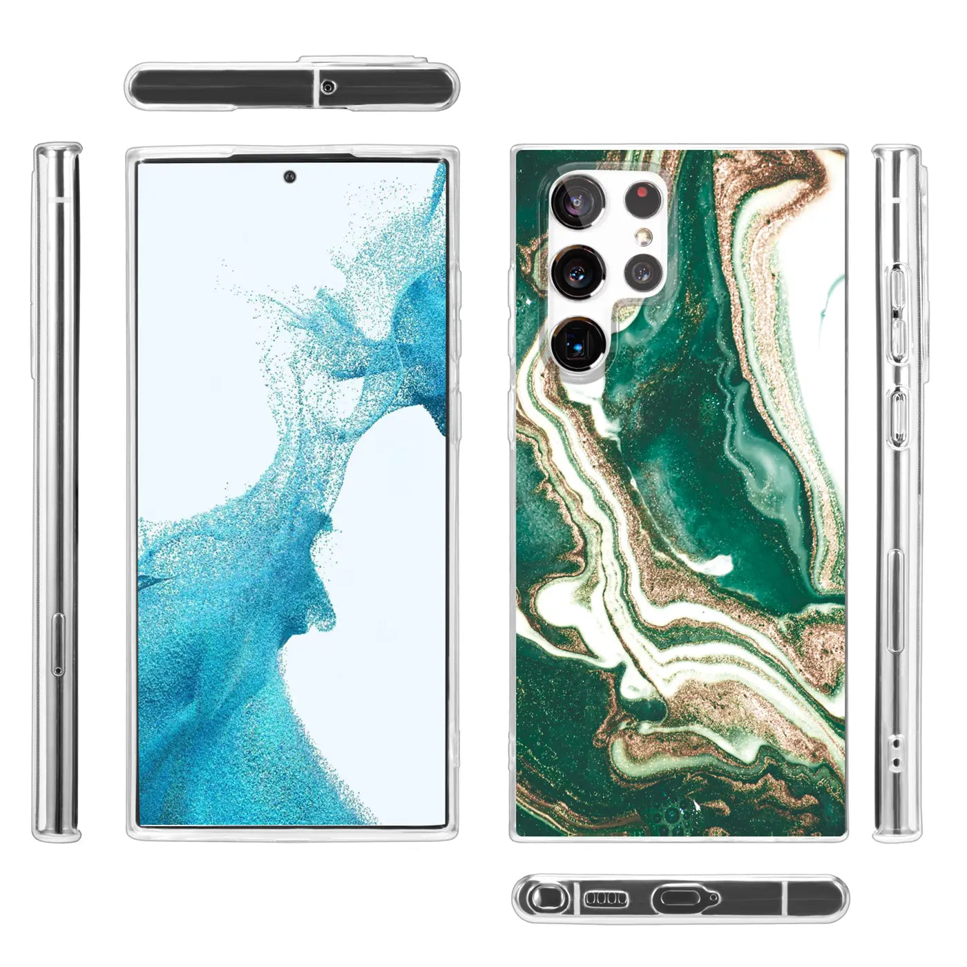 Samsung S22 Ultra Hülle, Marmor-Design, Grün/Gold, Vorder- & Rückansicht, klare Ränder