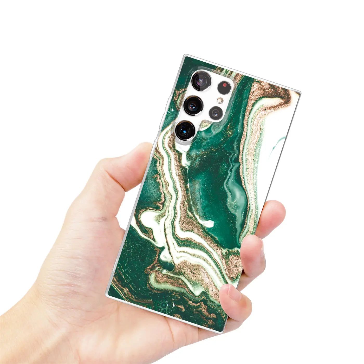 Samsung S22 Ultra Hülle mit grünem Marmordesign, von oben links gehalten.