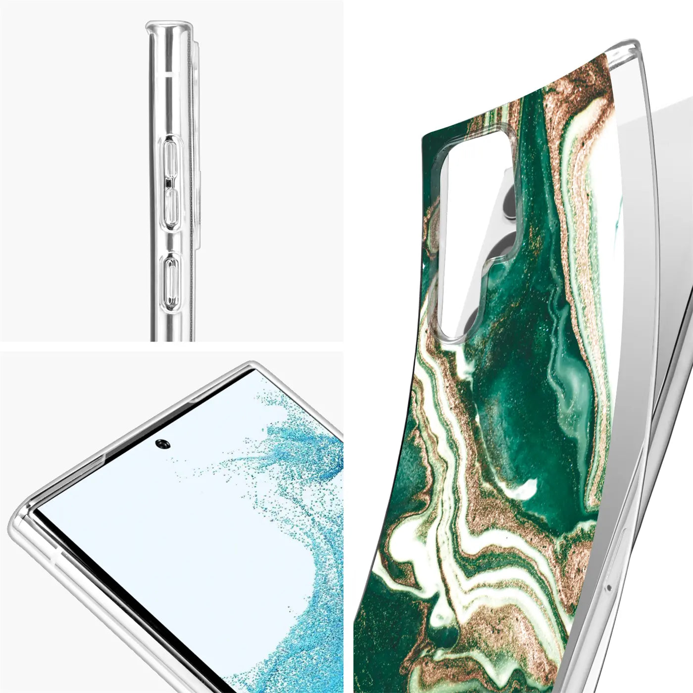 Samsung S22 Ultra Hülle, Marmor/Sand-Design, grün/gold, transparent, Seiten-/Rückansicht