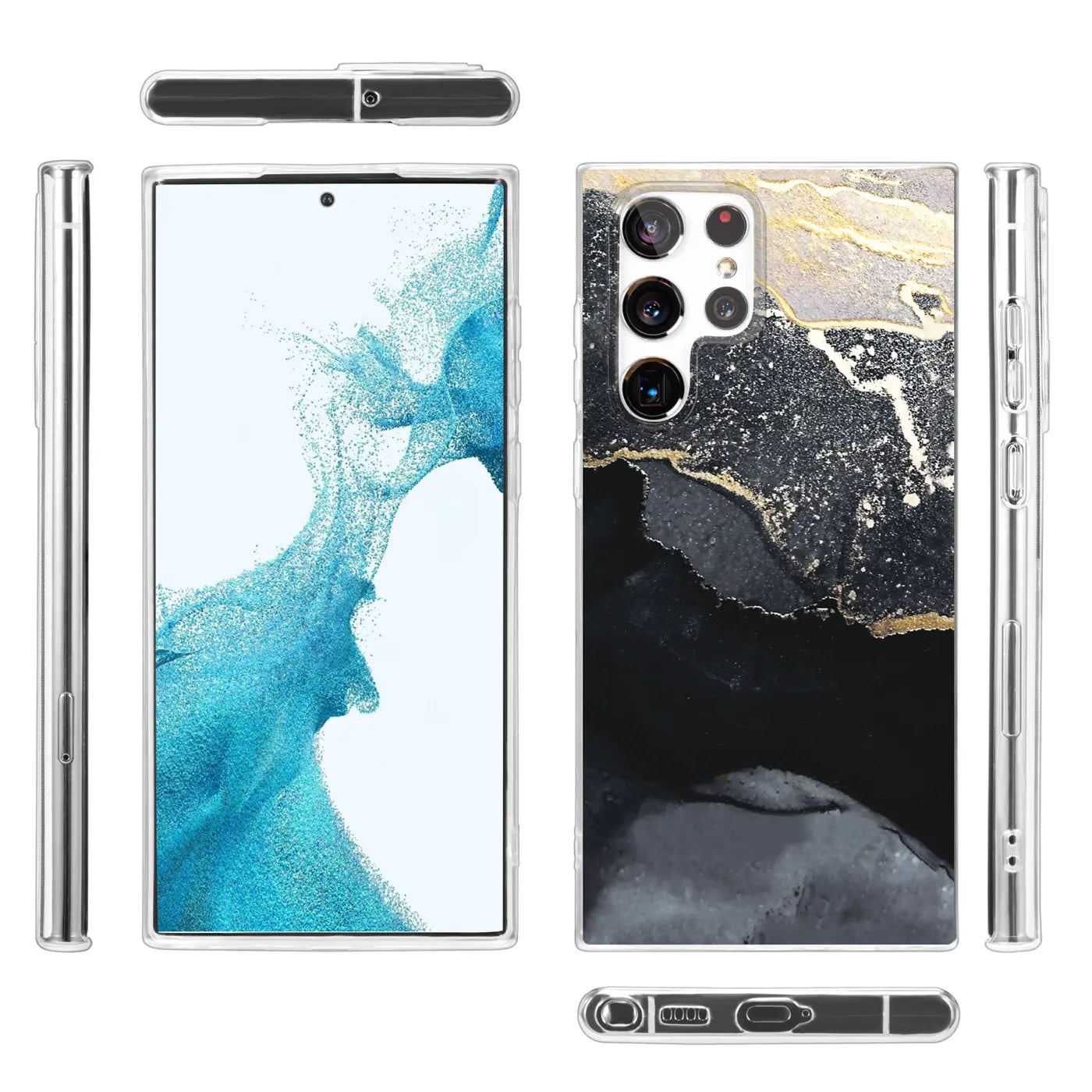 Samsung S22 Ultra Hülle, Marmor/Sand-Design, transparent, Rückseite & Seitenansicht