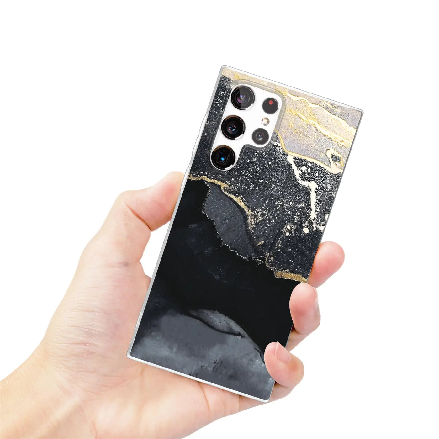 Samsung S22 Ultra Hülle, Marmor-Design, Schwarz/Gold, von vorne links gehalten
