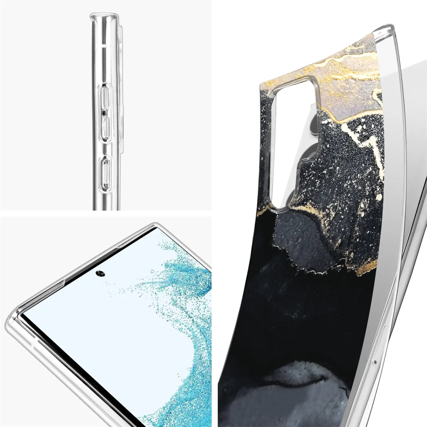 Samsung S22 Ultra Hülle, transparent, Marmor-Muster, Schwarz/Gold, Seitenansicht