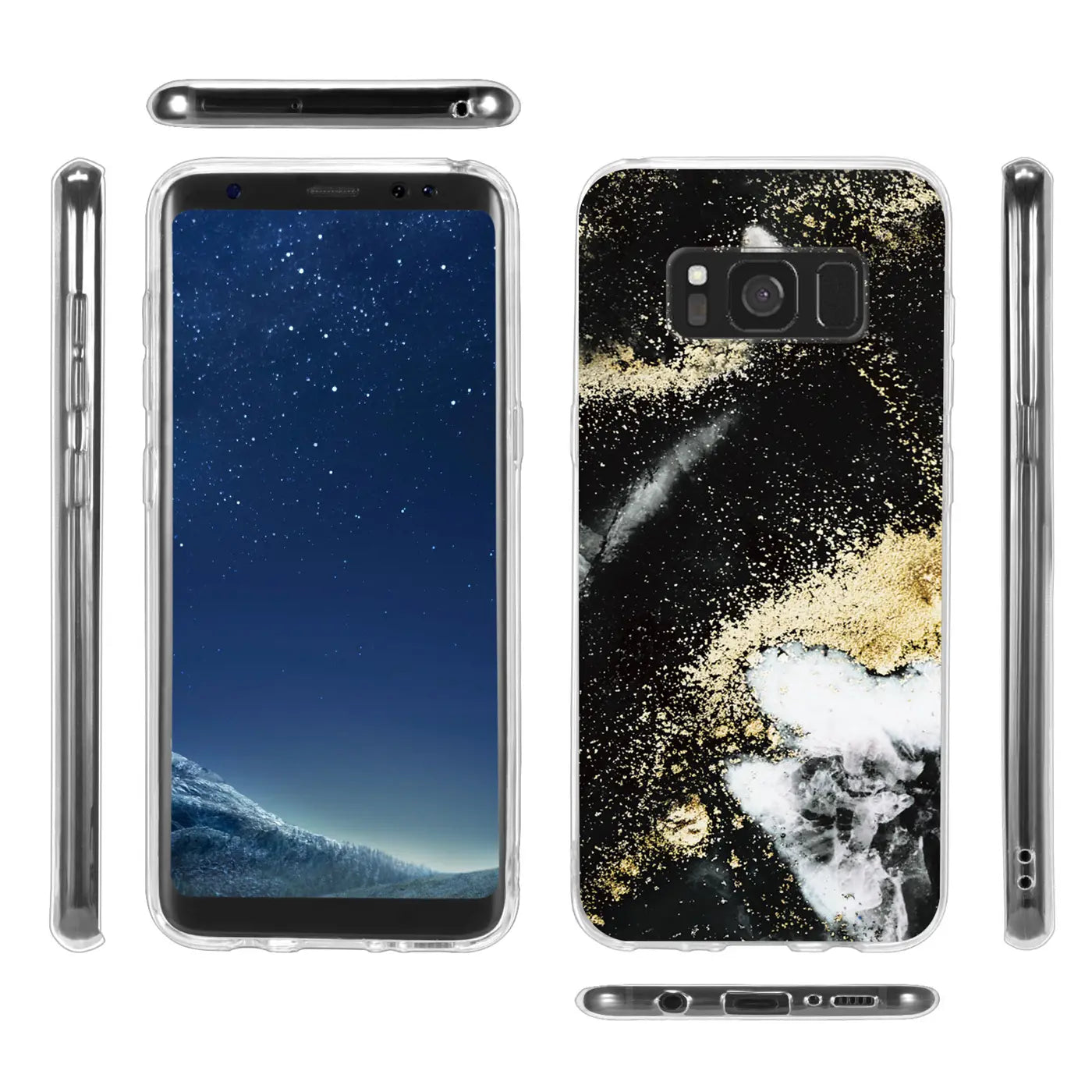 Samsung Galaxy S8 Hülle, schwarz/gold Marmor, Vorder-/Rück-/Seitenansicht, transparentes Material