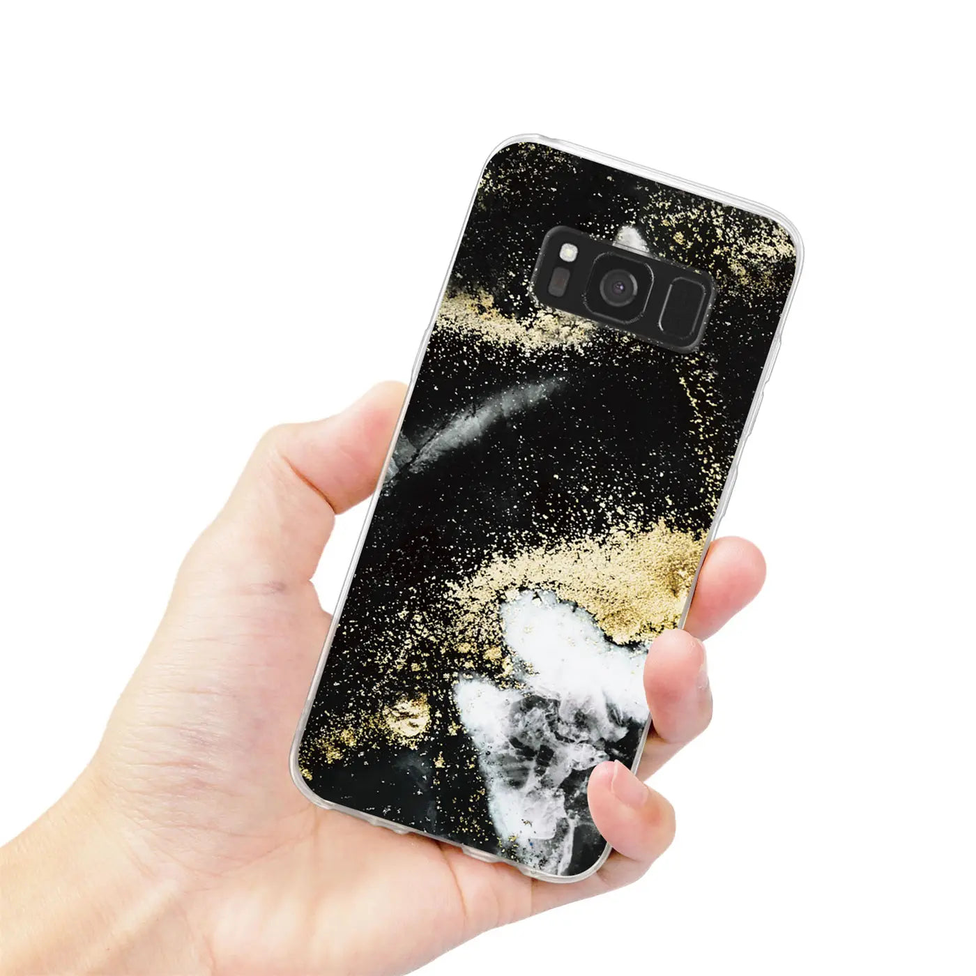 Samsung Galaxy S8 Hülle, Marmor-Design, Schwarz/Gold, von vorne gehalten