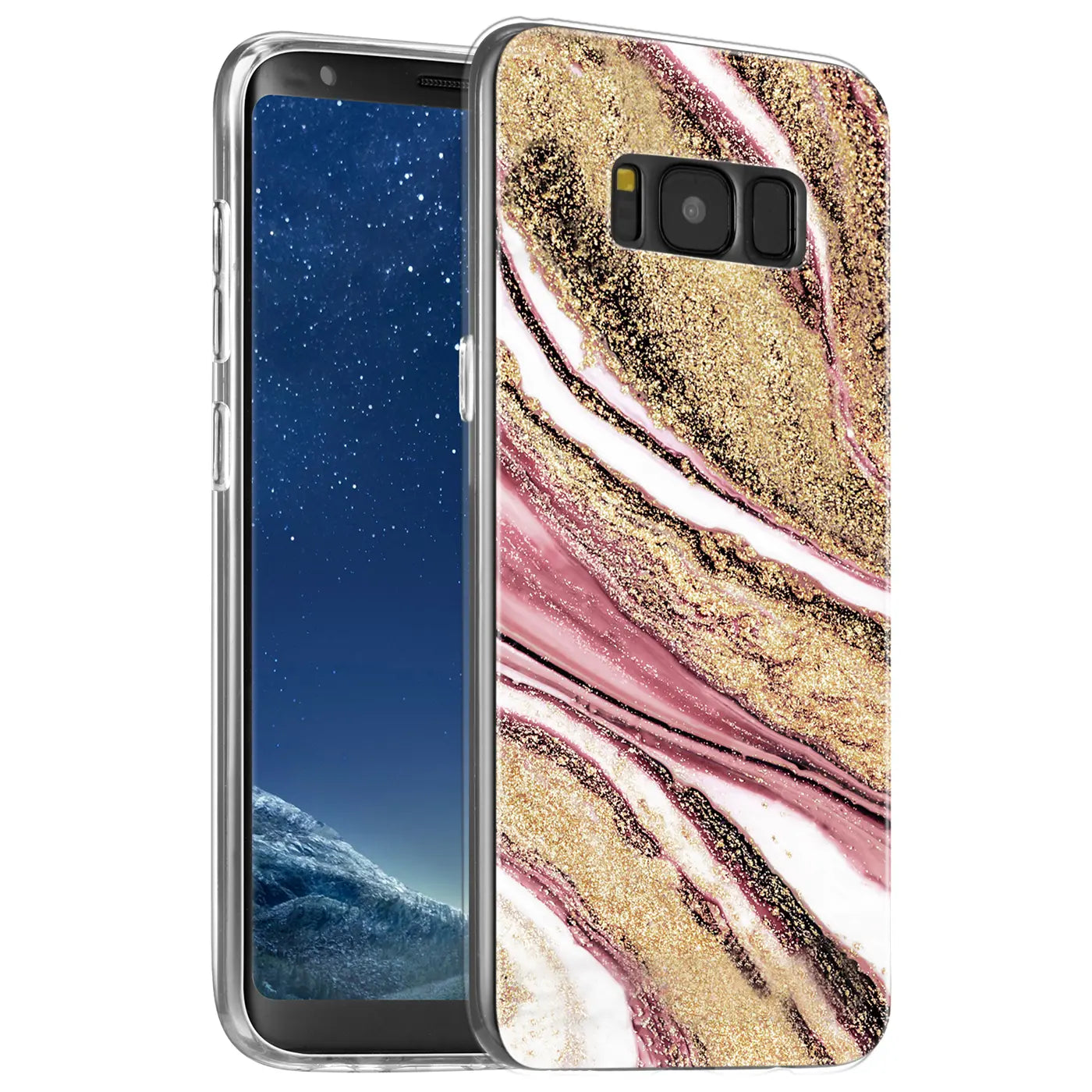 Samsung Galaxy S8 Hülle mit Marmor-Muster in Rosa/Gold, von vorne/seitlich