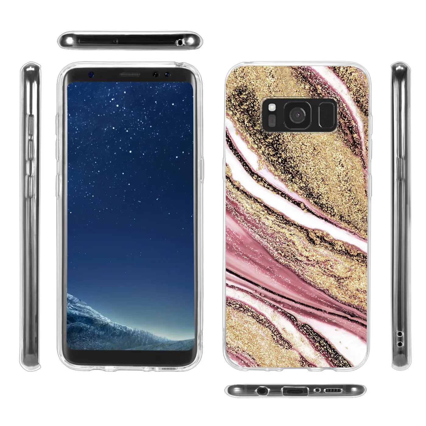Samsung Galaxy S8 Hülle, Marmor-Muster, pink/gold, von vorne und hinten gezeigt