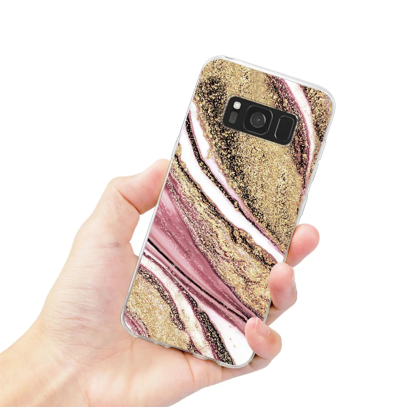 Samsung Galaxy S8 Hülle mit Marmor- & Sand-Design, rosa/gold, von vorne gehalten