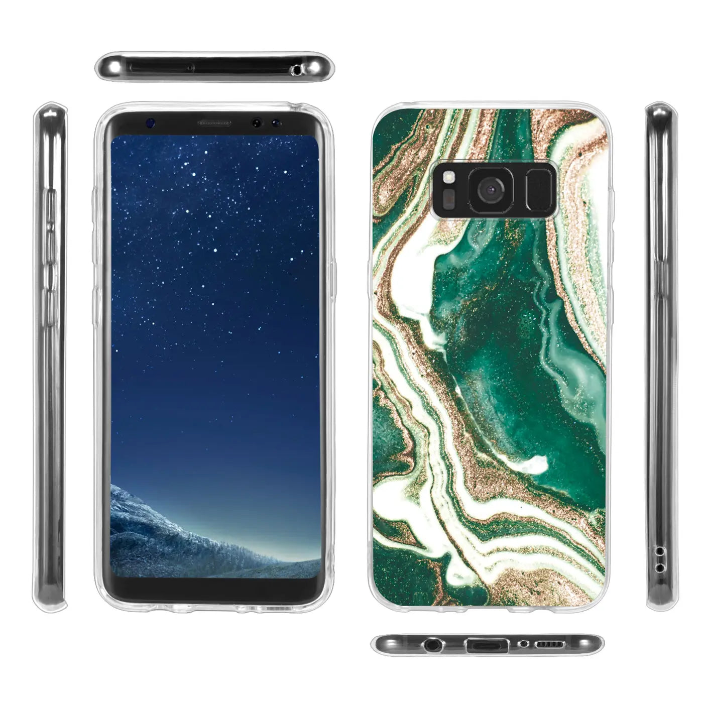 Samsung Galaxy S8 Hülle, Marmor-Design, Grün/Gold/Weiß, verschiedene Ansichten