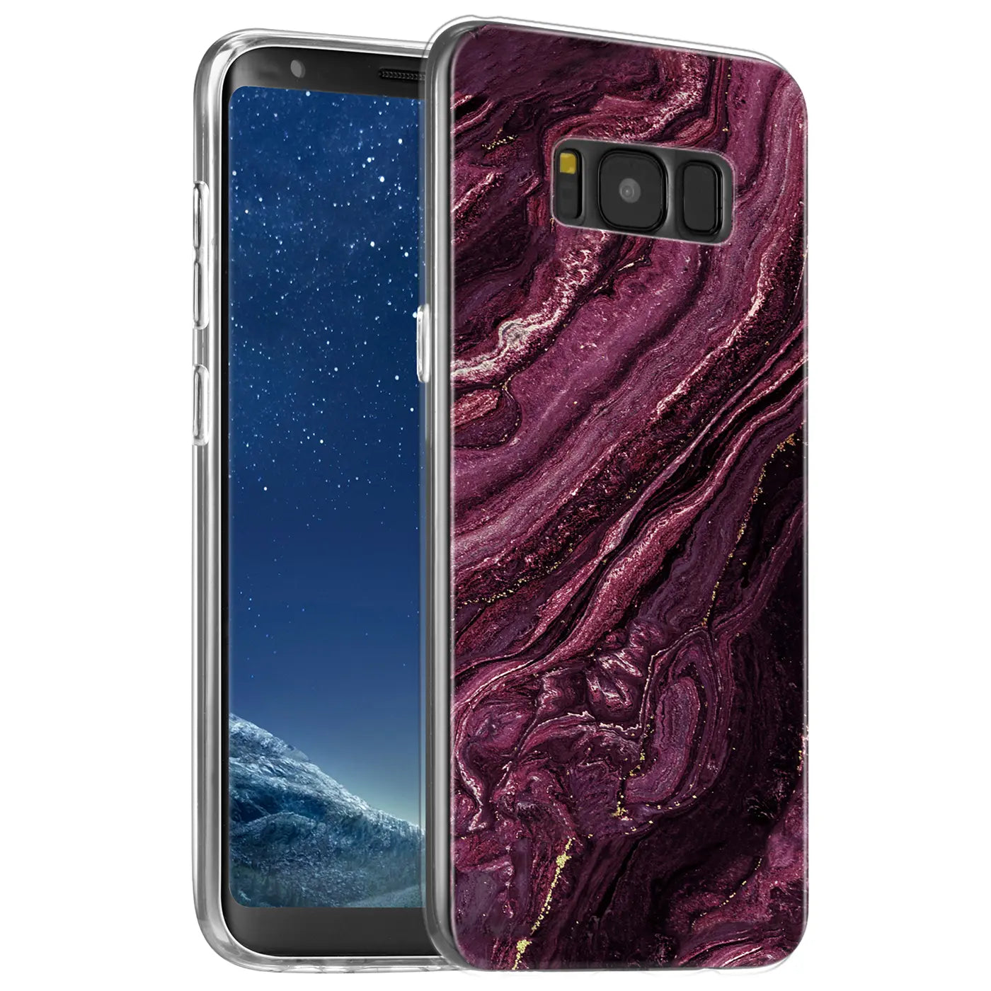 Samsung Galaxy S8 Hülle, lila Marmor-Design, von vorne links, Kunststoff