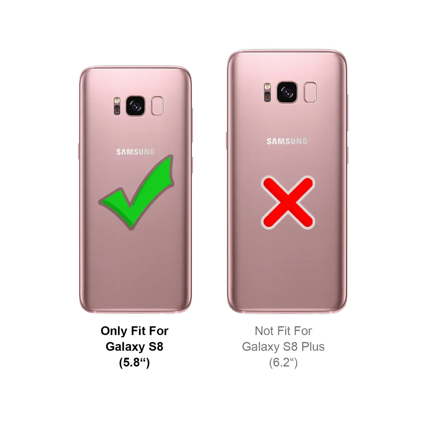 Zwei Samsung Galaxy S8 Rückseiten, rosa. Links grüner Haken, rechts rotes Kreuz.