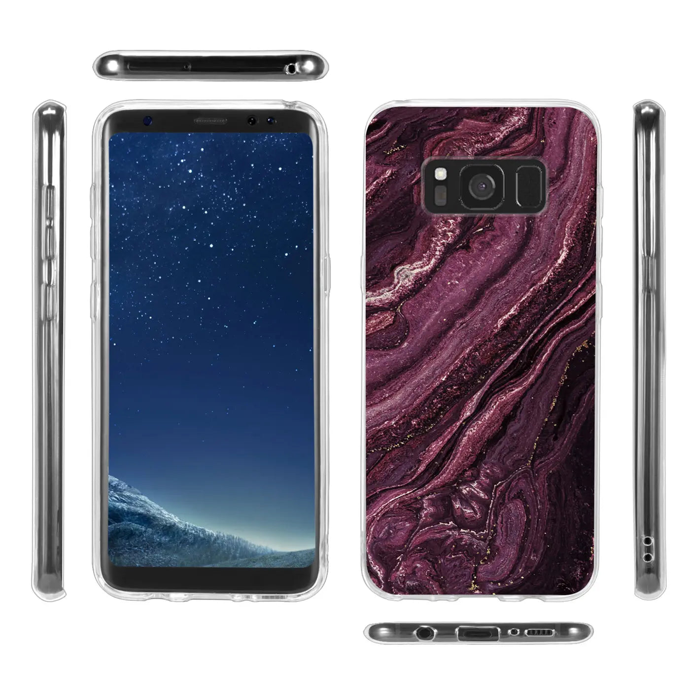 Samsung Galaxy S8 Hülle, lila Marmor-Design, klare Rückseite, Vorder- und Seitenansicht