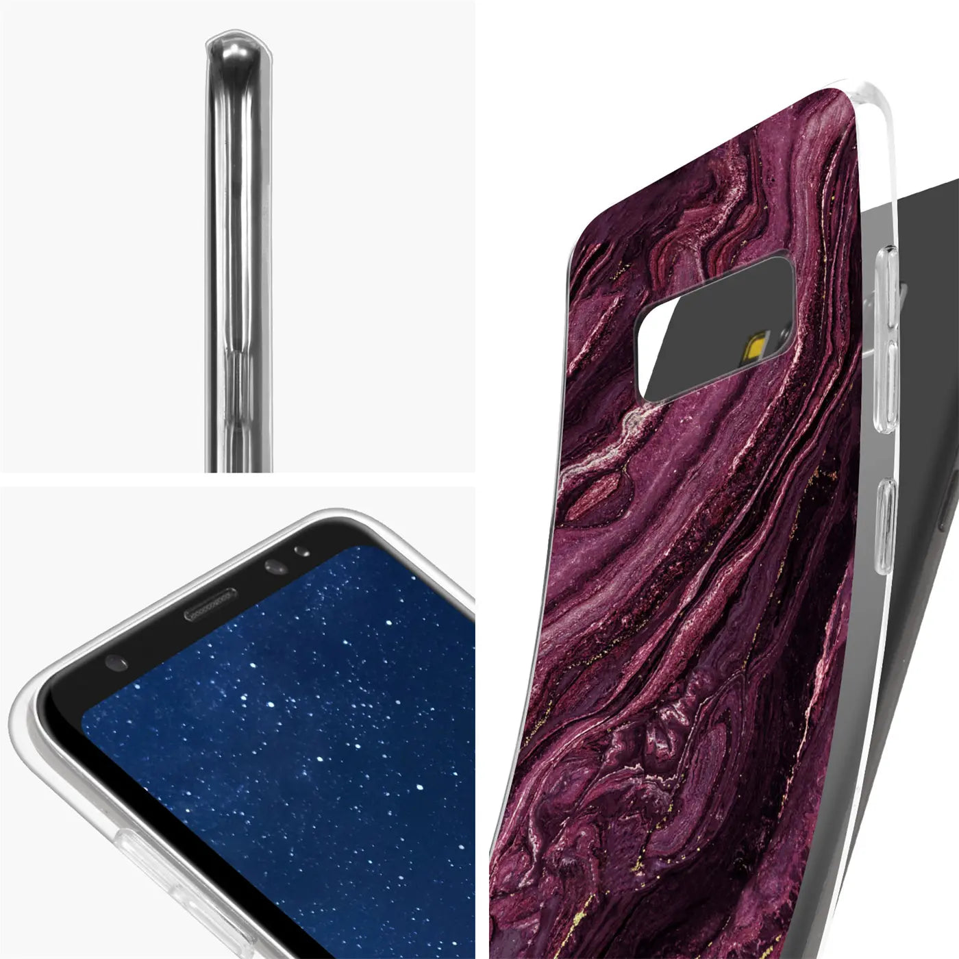 Samsung Galaxy S8 Hülle mit Marmor-Muster, lila/gold, von der Seite und vorne gezeigt.