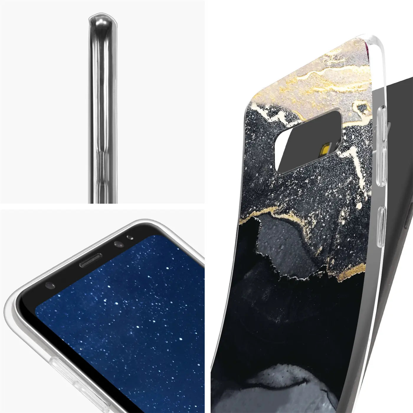 Samsung Galaxy S8 Hülle, Marmor-Design, schwarz/gold, von der Seite und vorne gezeigt.