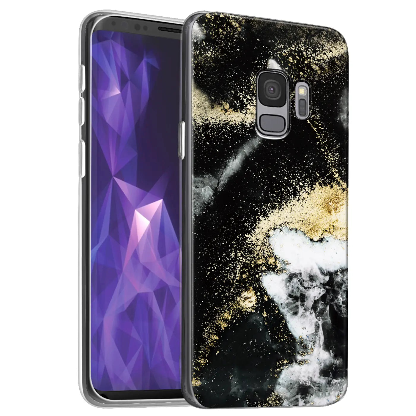 Samsung S9 Plus Hülle, Marmor/Sand-Design, Schwarz/Gold, seitliche Ansicht