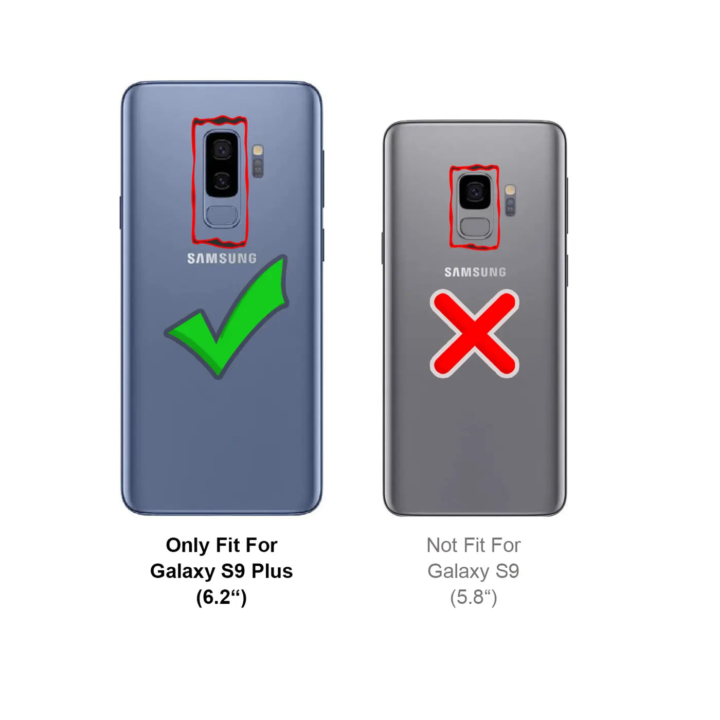Zwei Samsung-Handys, Rückansicht. Links S9 Plus mit Häkchen, rechts S9 mit Kreuz.