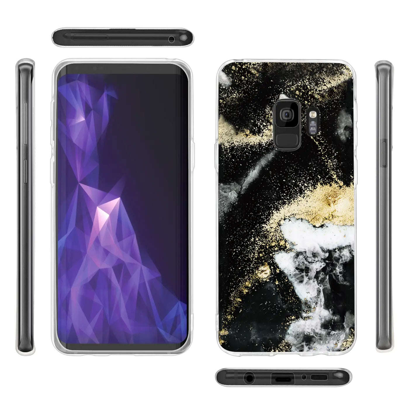 Samsung Galaxy S9 Plus Hülle, Marmor-Sand-Design, schwarz/gold, Vorder- und Rückansicht