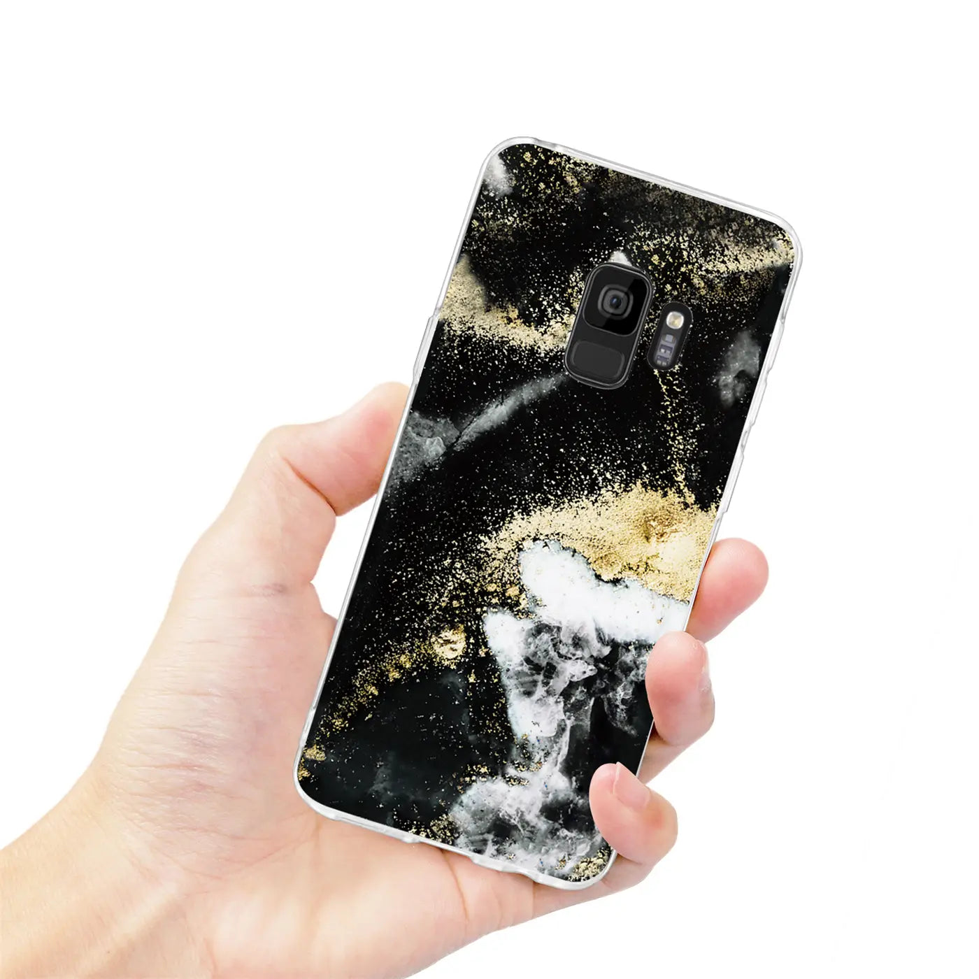 Samsung Galaxy S9 Plus Hülle, Marmor- & Sanddesign, Schwarz/Gold, aus Kunststoff, von vorne gehalten