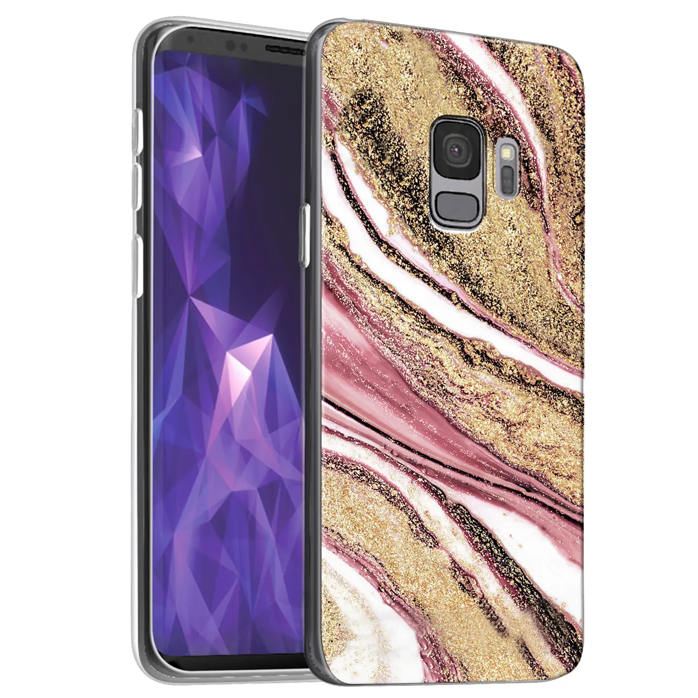 Samsung Galaxy S9 Plus Hülle, Marmor- & Sand-Design, Pink/Gold, von vorne links
